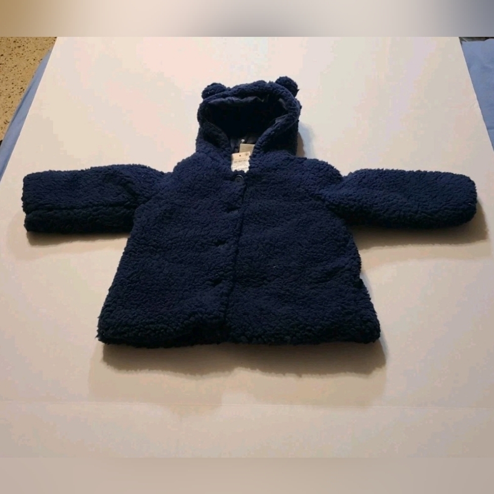 First Impressions Navy Blue Hooded Teddy Coat NWT 24 Months Fleece Button Front - Picture 10 of 10